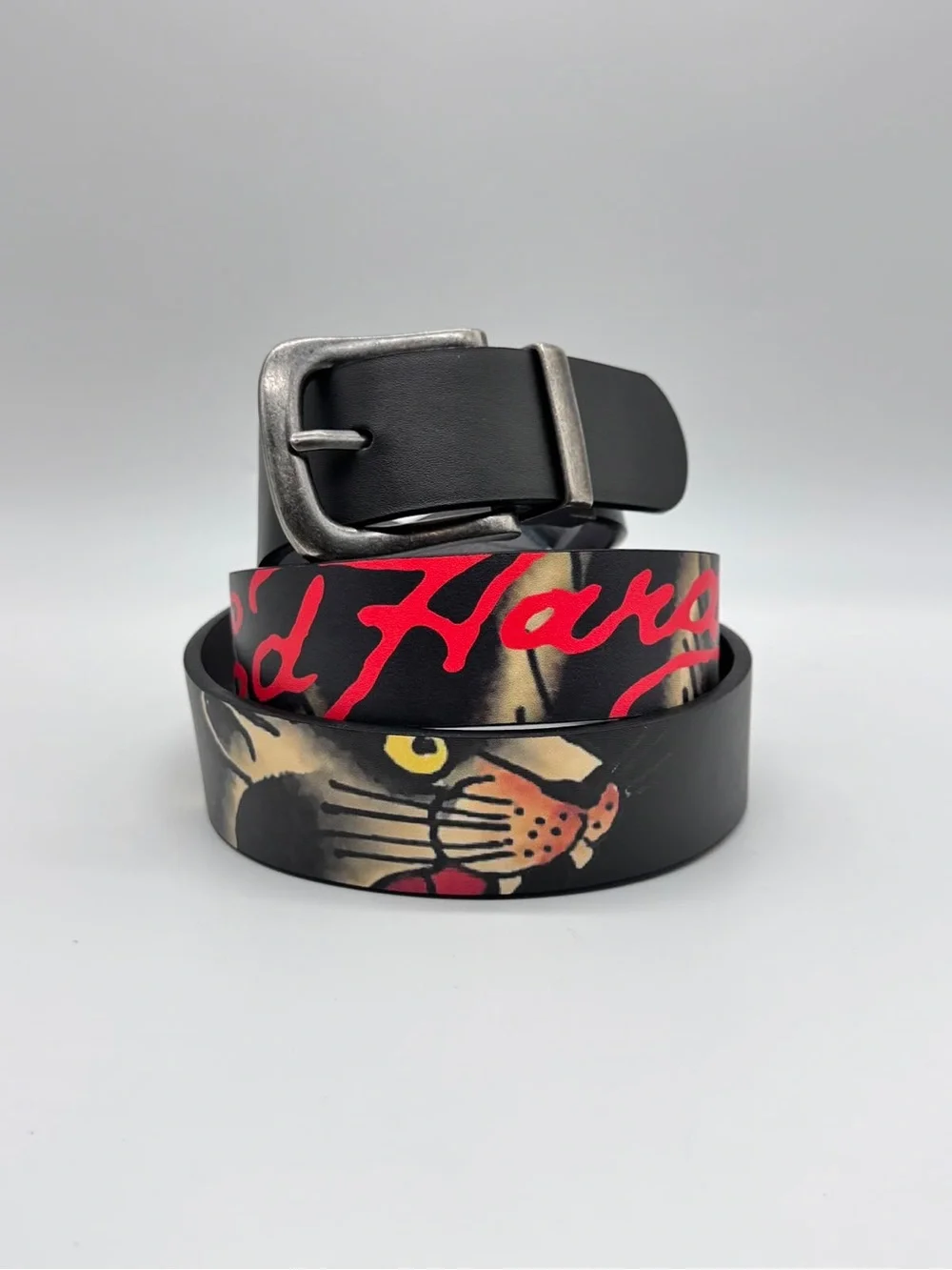 Ed Hardy Reversible Black Leather Belt Skull Crossbones Panther Mens Sz 42